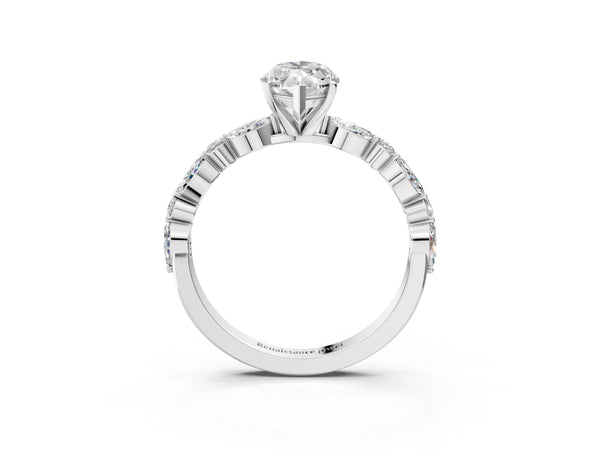 2 Carat Marquise Cut Platinum Diamond Ring with Marquise and Round Side Stones and Four-Prong Setting