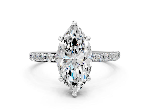 2 Carat Marquise Cut Platinum Diamond Solitaire Ring with Round  Pavé Band and Prong Setting