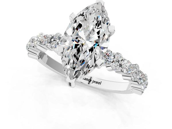 2 Carat Marquise Cut Platinum Diamond Side Stone Solitaire Ring with Round and Four-Prong Setting