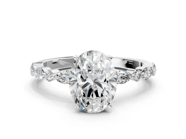 2 Carat Oval Cut Platinum Diamond Ring with Marquise and Round Side Stones and Four-Prong Setting
