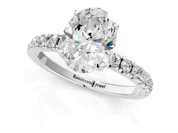 2 Carat Oval Cut Platinum Diamond Pave Band Solitaire Ring with Round  and Prong Setting