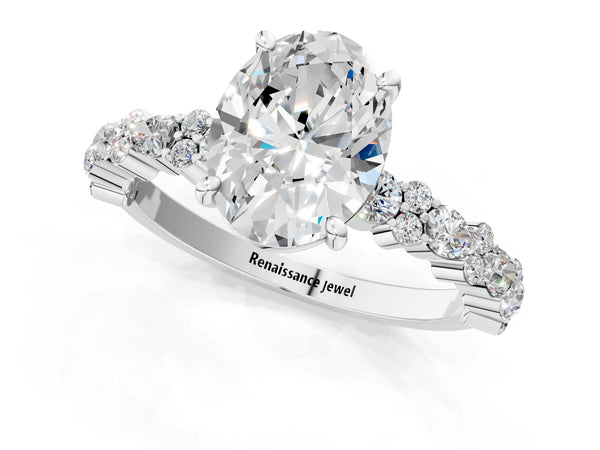 2 Carat Oval Cut Platinum Diamond Side Stone Solitaire Ring with Round and Four-Prong Setting