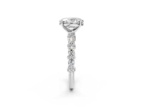 2 Carat Oval Cut Platinum Diamond Side Stone Solitaire Ring with Round and Four-Prong Setting