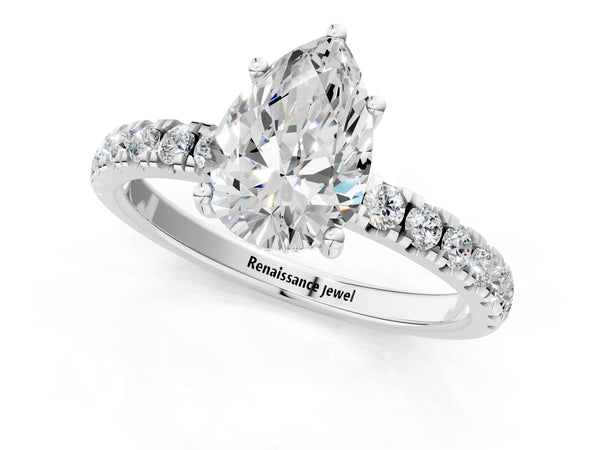 2 Carat Pear Cut Platinum Diamond Pave Band Solitaire Ring with Round  and Prong Setting