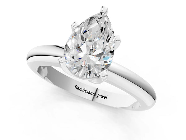 2 Carat Pear Cut Platinum Diamond Solitaire Engagement Ring with Round Band and Four-Prong Setting