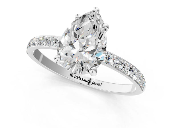 2 Carat Pear Cut Platinum Diamond Solitaire Ring with Round  Pavé Band and Prong Setting