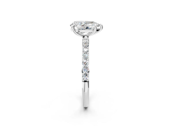 2 Carat Pear Cut Platinum Diamond Solitaire Ring with Round  Pavé Band and Prong Setting