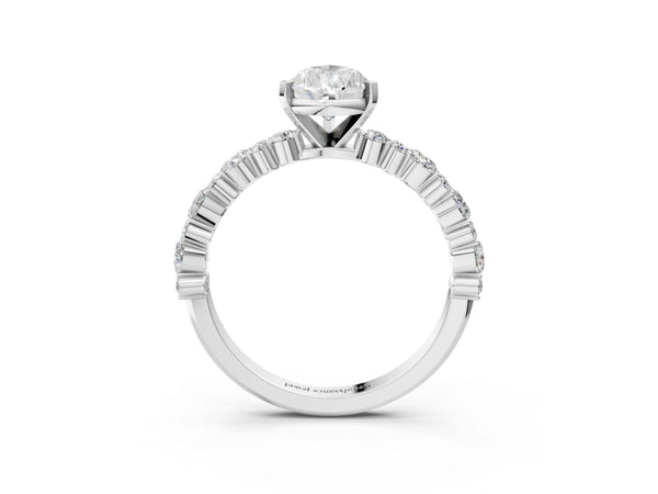 2 Carat Pear Cut Platinum Diamond Side Stone Solitaire Ring with Round and Four-Prong Setting