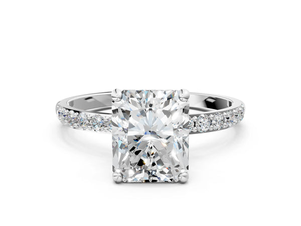 2 Carat Radiant Cut Platinum Diamond Solitaire Ring with Round  Pavé Band and Prong Setting