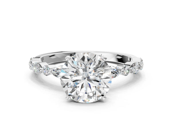2 Carat Round Cut Platinum Diamond Ring with Marquise and Round Side Stones and Four-Prong Setting
