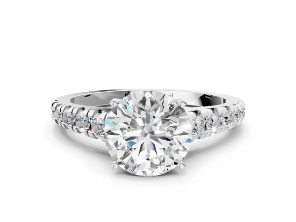 Platinum 2 Carat Round Cut Diamond Cathedral Solitaire Ring with Round  Pavé Band