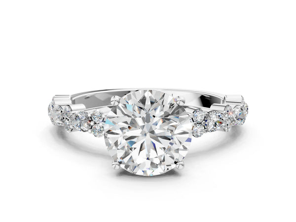 2 Carat Round Cut Platinum Diamond Side Stone Solitaire Ring with Round and Four-Prong Setting