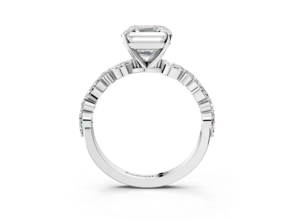 3 Carat Asscher Cut Platinum Diamond Ring with Marquise and Round Side Stones and Four-Prong Setting