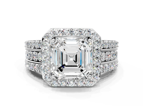 3 Carat Asscher Cut Platinum Halo Diamond Ring with Round  Split Shank and Prong Setting