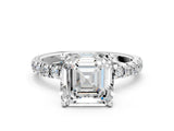 Platinum 3 Carat Asscher Cut  Pave Band Solitaire Ring with Four-Prong Setting