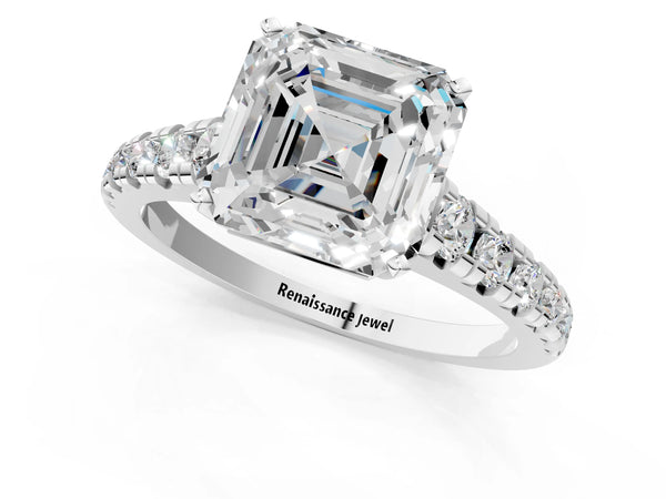 3 Carat Asscher Cut Platinum Diamond Cathedral Solitaire Ring with Round  Pavé Band
