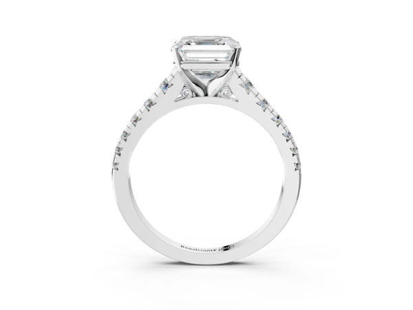 3 Carat Asscher Cut Platinum Diamond Cathedral Solitaire Ring with Round  Pavé Band