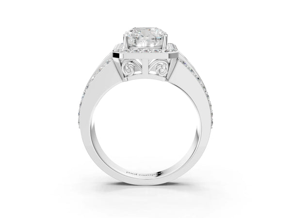 3 Carat Cushion Cut Platinum Halo Diamond Ring with Round  Split Shank and Prong Setting