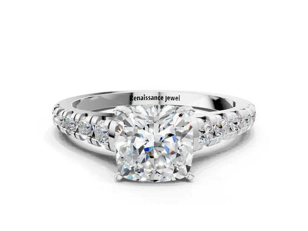 3 Carat Cushion Cut Platinum Diamond Cathedral Solitaire Ring with Round  Pavé Band