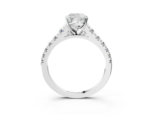 3 Carat Cushion Cut Platinum Diamond Cathedral Solitaire Ring with Round  Pavé Band