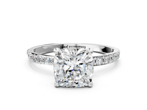 3 Carat Cushion Cut Platinum Diamond Solitaire Ring with Round  Pavé Band and Prong Setting