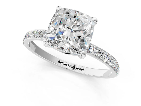 3 Carat Cushion Cut Platinum Diamond Solitaire Ring with Round  Pavé Band and Prong Setting