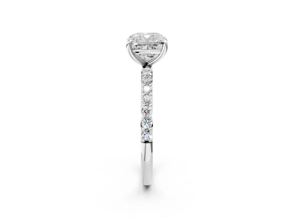 3 Carat Cushion Cut Platinum Diamond Solitaire Ring with Round  Pavé Band and Prong Setting