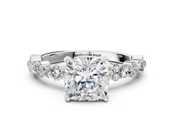 3 Carat Cushion Cut Platinum Diamond Side Stone Solitaire Ring with Round and Four-Prong Setting