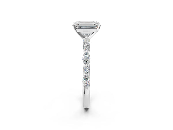 3 Carat Emerald Cut Platinum Diamond Ring with Marquise and Round Side Stones and Four-Prong Setting