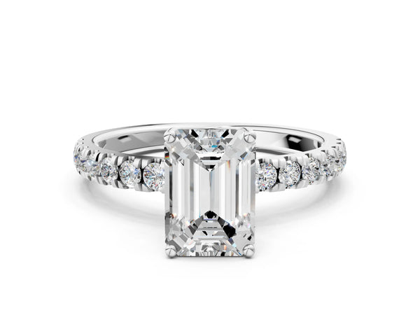3 Carat Emerald Cut Platinum Diamond Pave Band Solitaire Ring with Round  and Prong Setting