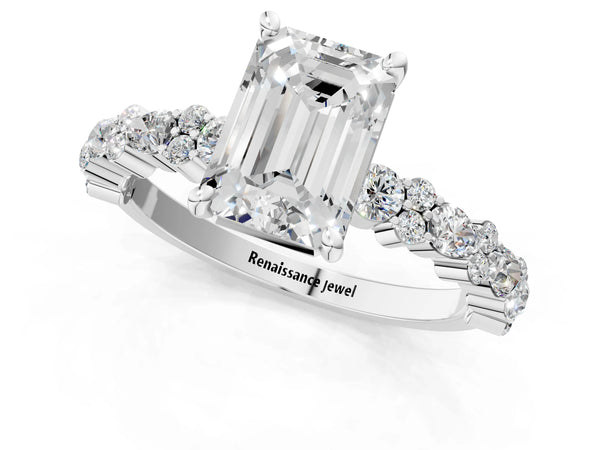 3 Carat Emerald Cut Platinum Diamond Side Stone Solitaire Ring with Round and Four-Prong Setting
