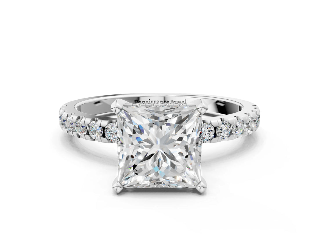 Platinum 3 Carat Princess Cut  Solitaire Ring with Pavé Band and Four-Prong Setting_12
