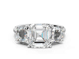 Platinum 3 Carat Three-Stone Asscher Cut Diamond Ring with Round  Pavé Band and Prong Setting_96