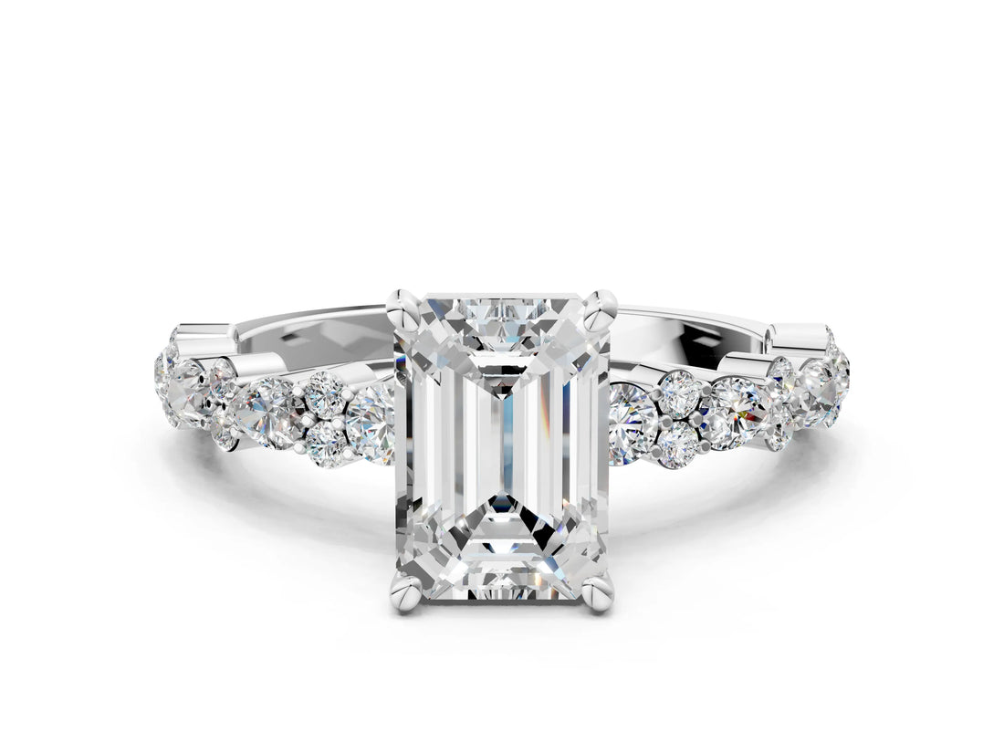 Platinum 3.5 Carat Emerald Cut  Solitaire with Side Stones, Pave Band, Four-Prong Setting_24
