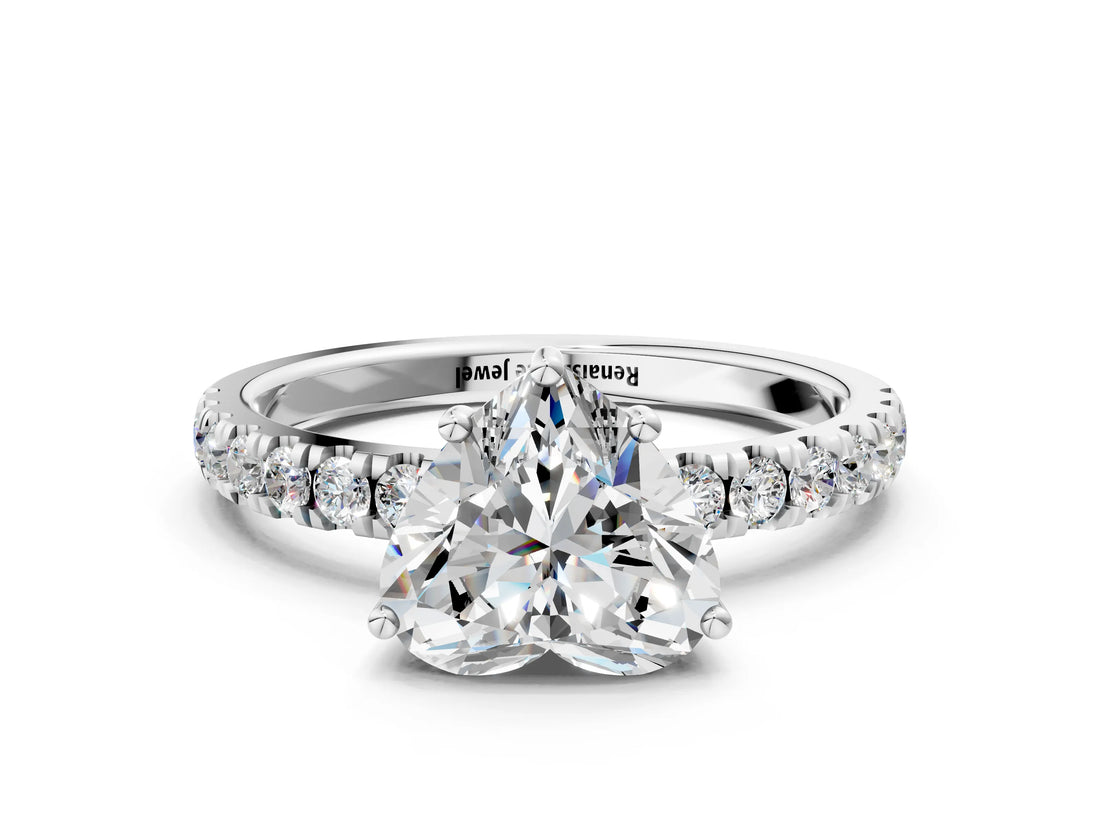 Platinum 3.5 Carat Heart Cut  Pave Band Solitaire Ring with Four-Prong Setting