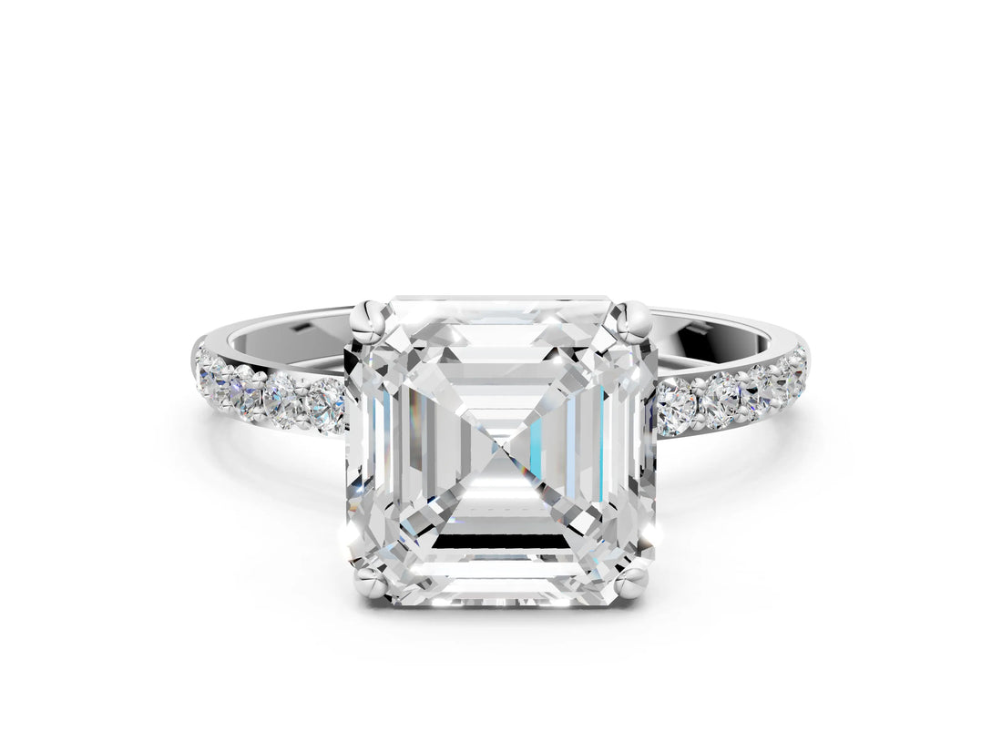 Platinum 4 Carat Asscher Cut  Solitaire Ring with Pave Band and Four Prong Setting_12