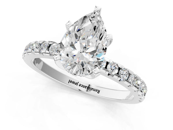 4 Carat Pear Cut Platinum Diamond Solitaire Ring with Round  Pavé Band and Four-Prong Setting