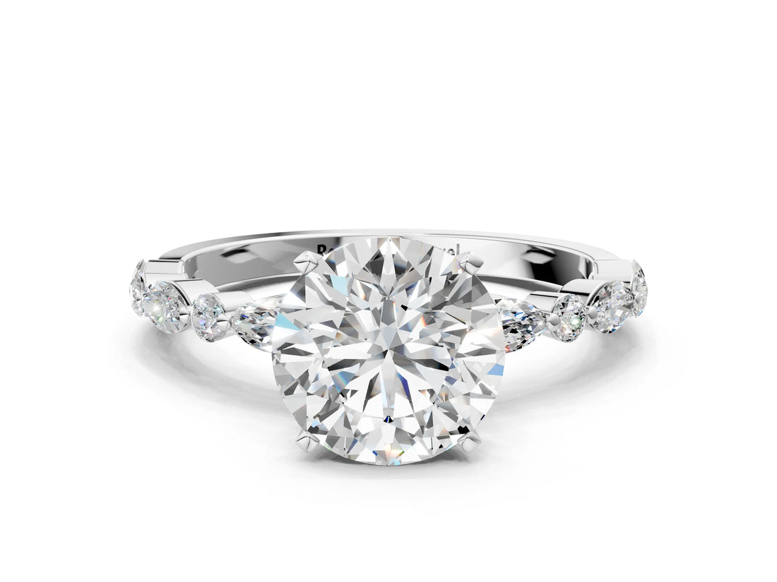 Platinum 4 Carat Round Cut Diamond Ring with Marquise and Round  Side Stones and Four-Prong Setting_60