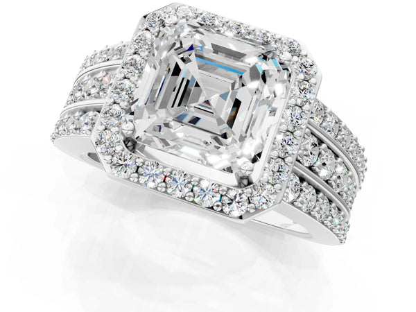 5 Carat Asscher Cut Platinum Halo Diamond Ring with Round  Split Shank and Prong Setting