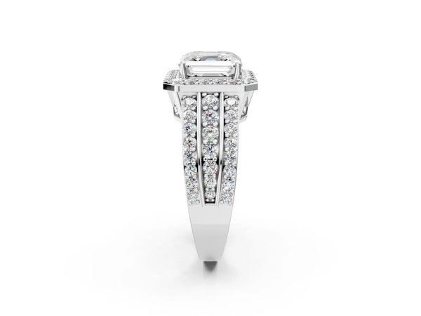 5 Carat Asscher Cut Platinum Halo Diamond Ring with Round  Split Shank and Prong Setting