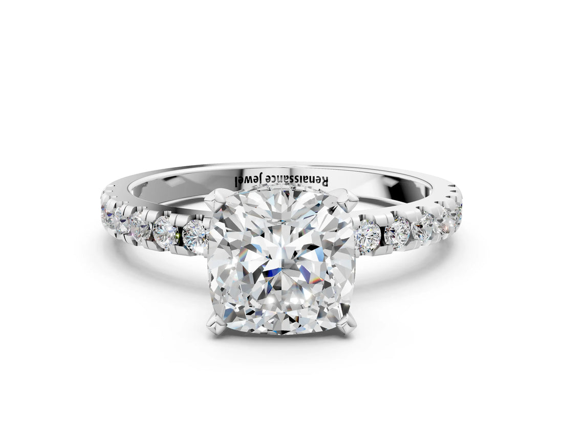 Platinum 5 Carat Cushion Cut  Solitaire Ring with Pavé Band and Four-Prong Setting_24