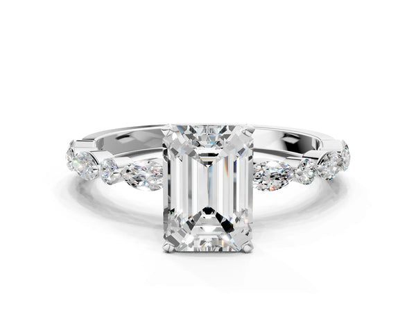 5 Carat Emerald Cut Platinum Diamond Ring with Marquise and Round Side Stones and Four-Prong Setting
