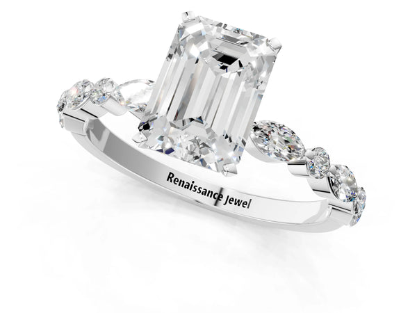5 Carat Emerald Cut Platinum Diamond Ring with Marquise and Round Side Stones and Four-Prong Setting