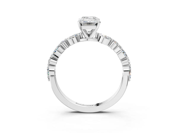 5 Carat Emerald Cut Platinum Diamond Ring with Marquise and Round Side Stones and Four-Prong Setting