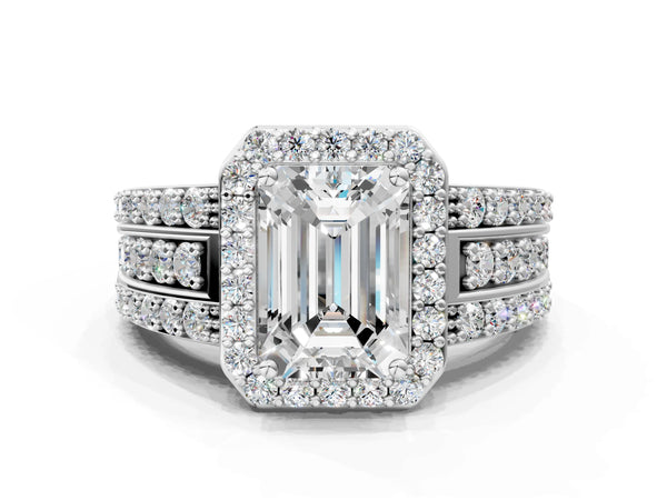 5 Carat Emerald Cut Platinum Halo Diamond Ring with Round  Split Shank and Prong Setting
