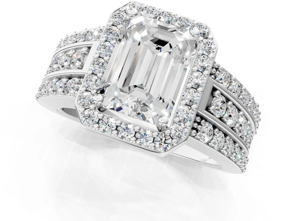 5 Carat Emerald Cut Platinum Halo Diamond Ring with Round  Split Shank and Prong Setting