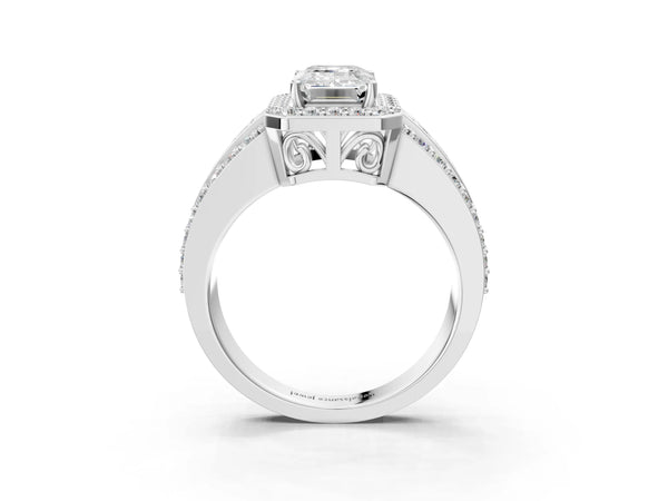 5 Carat Emerald Cut Platinum Halo Diamond Ring with Round  Split Shank and Prong Setting