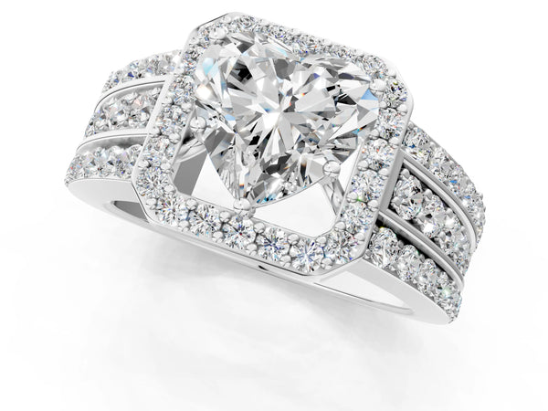 5 Carat Heart Cut Platinum Halo Diamond Ring with Round  Split Shank and Prong Setting