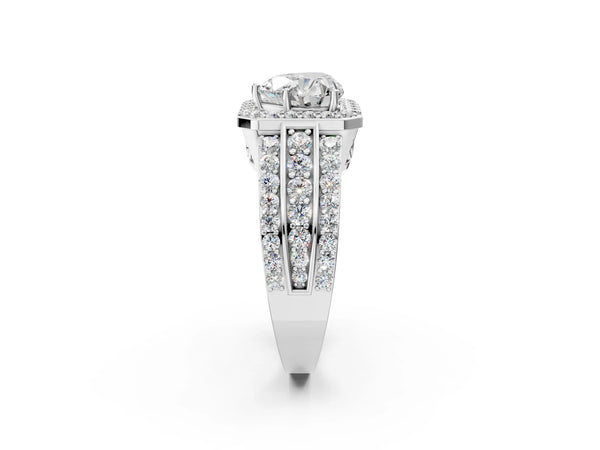 5 Carat Heart Cut Platinum Halo Diamond Ring with Round  Split Shank and Prong Setting
