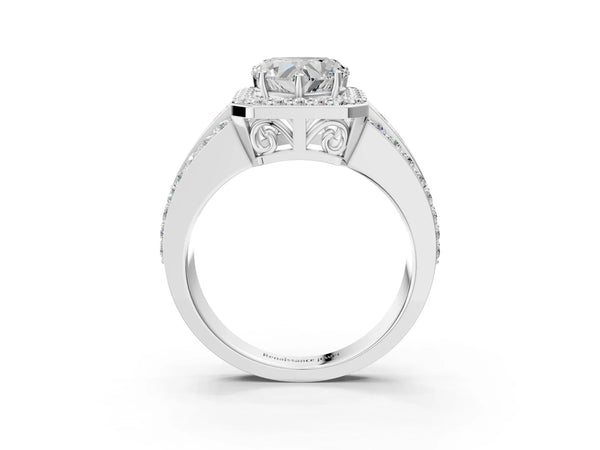5 Carat Heart Cut Platinum Halo Diamond Ring with Round  Split Shank and Prong Setting